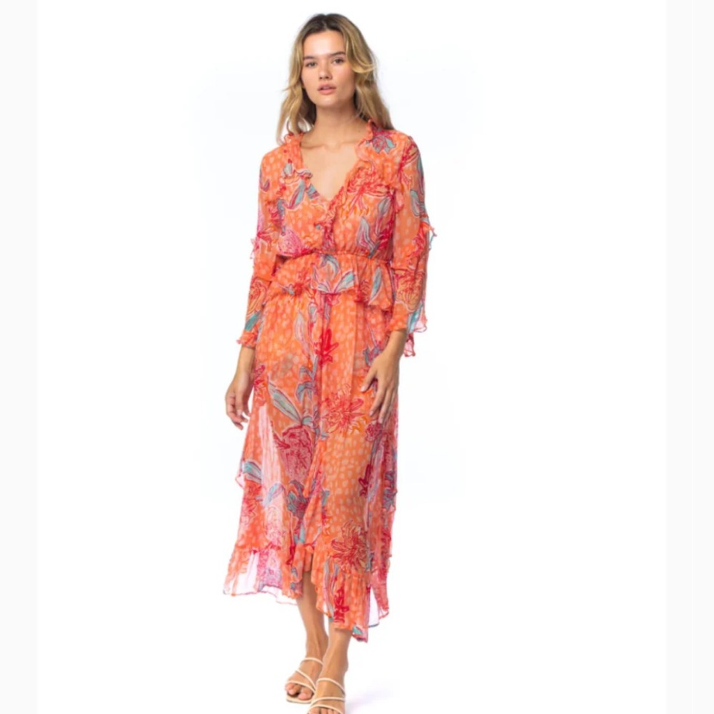 Anthropologie Mahila Imogen Peach Floral Long Sleeve Dress size XS NWT